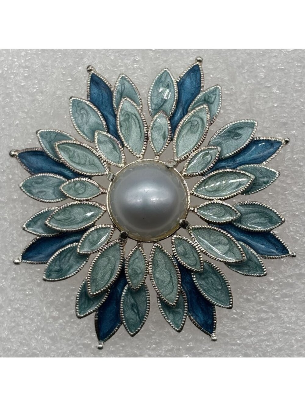 Vintage Flower Brooch Faux Pearl and Marbleized Blue Enamel Silver Tone Unsigned
